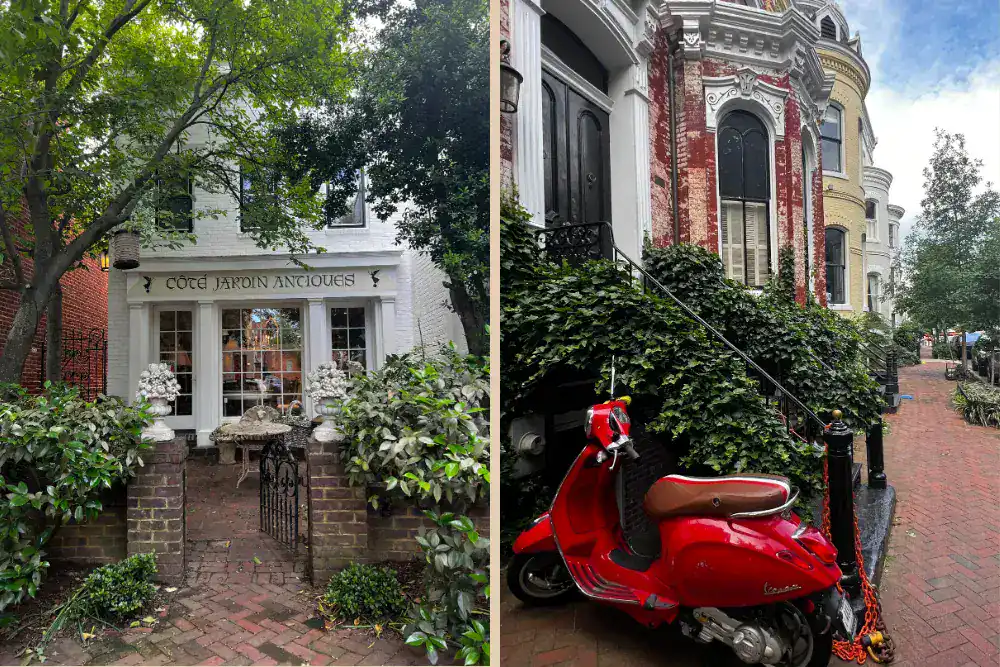 Split image: Left, an antique shop with a garden entrance and sign reading "Cote Jardin Antiques." Right, a red scooter parked by ivy-covered steps of a brick building on a city sidewalk.