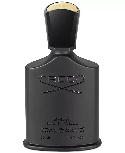 A black 50 ml bottle of Creed Green Irish Tweed Eau de Parfum, featuring embossed silver lettering and a gold-toned cap top.