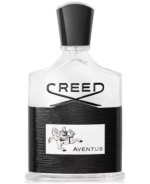Clear glass bottle of Creed Aventus cologne with black textured band, black cap, and label depicting a man on horseback.