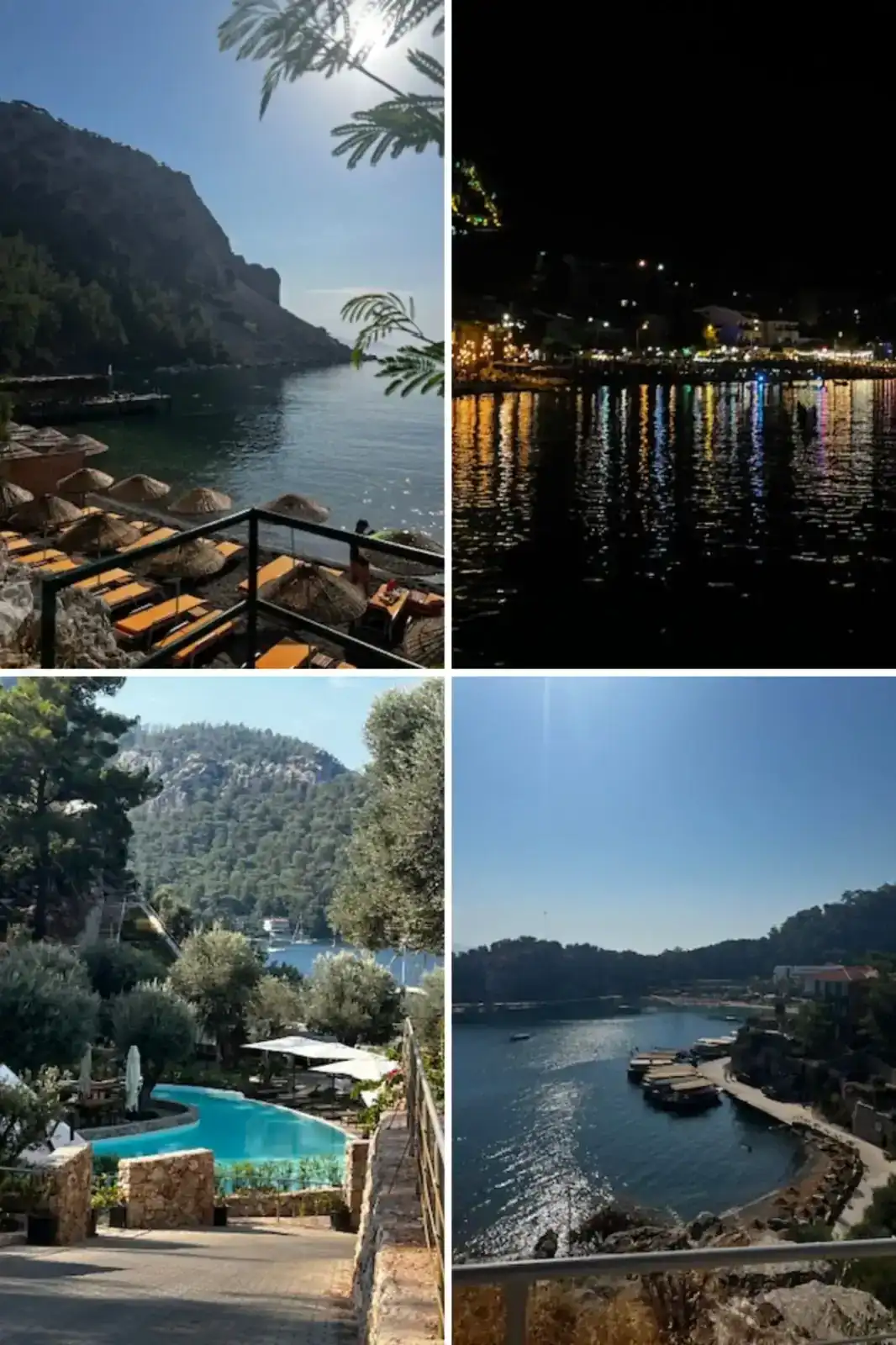 A collage of four coastal scenes showing sunlit and nighttime views of water, rocky shores, a pool, and surrounding hills with trees and buildings.