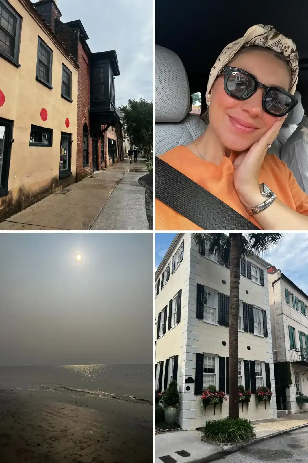 A collage of four photos: a street with buildings, a smiling woman in a car, a beach scene under hazy sunlight, and a white building with black shutters and palm trees.