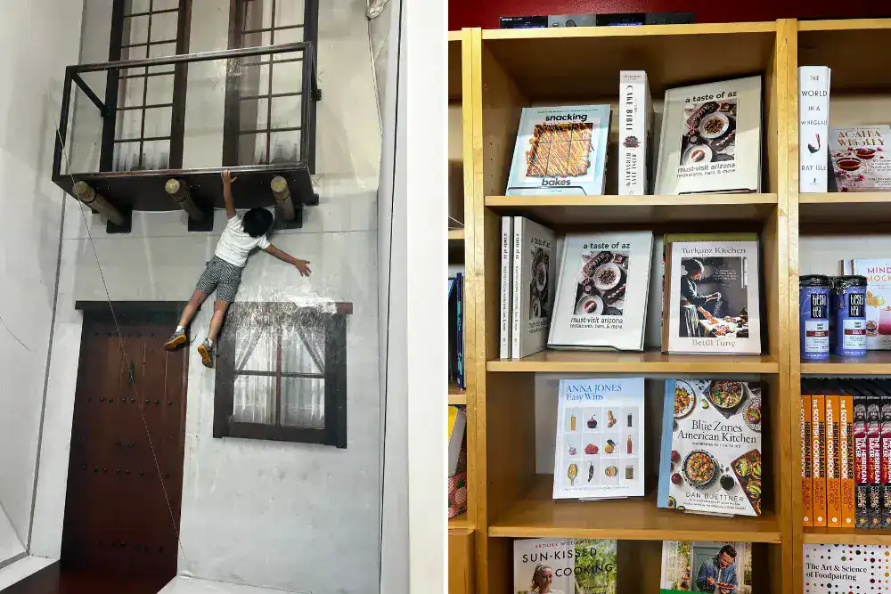 Split image: On the left, a child appears to climb a tilted wall illusion. On the right, a bookshelf displays various cookbooks arranged upright and stacked.