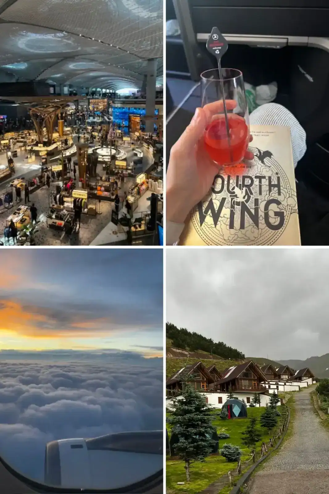 A collage of four images: a busy airport terminal, a hand holding a drink on a plane, a view of clouds from an airplane window, and a mountain lodge surrounded by greenery.