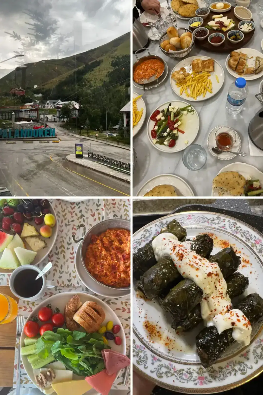 A collage of four photos: a mountain town, a table with various dishes, a breakfast spread with fruit and salad, and a plate of stuffed grape leaves topped with yogurt and spices.
