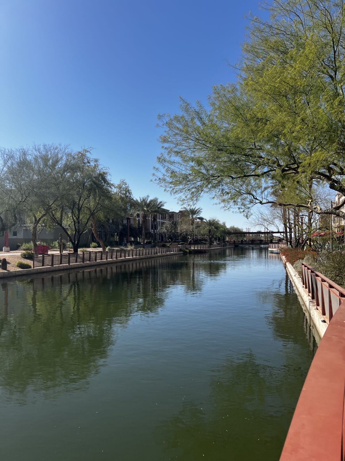 A calm canal lined with trees and buildings under a clear blue sky, with a red railing along the right side of the walkway.