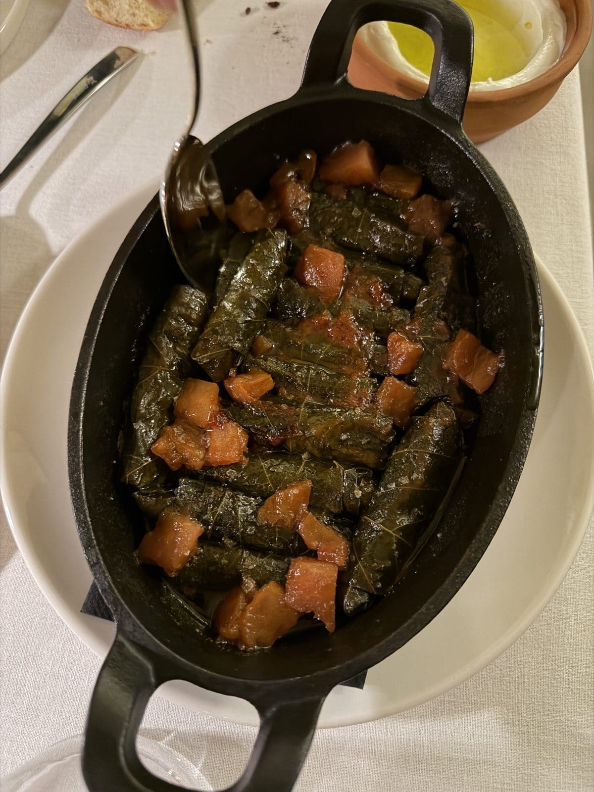 A black oval dish filled with grape leaves stuffed with rice and herbs, garnished with cooked tomato pieces, served on a white plate.