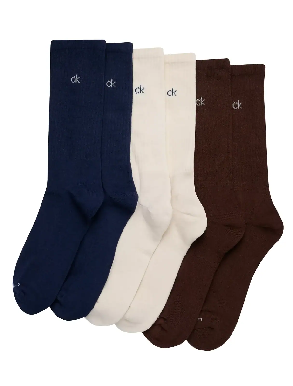 Five pairs of crew socks in navy blue, white, and brown colors, each featuring a small "ck" logo near the top.