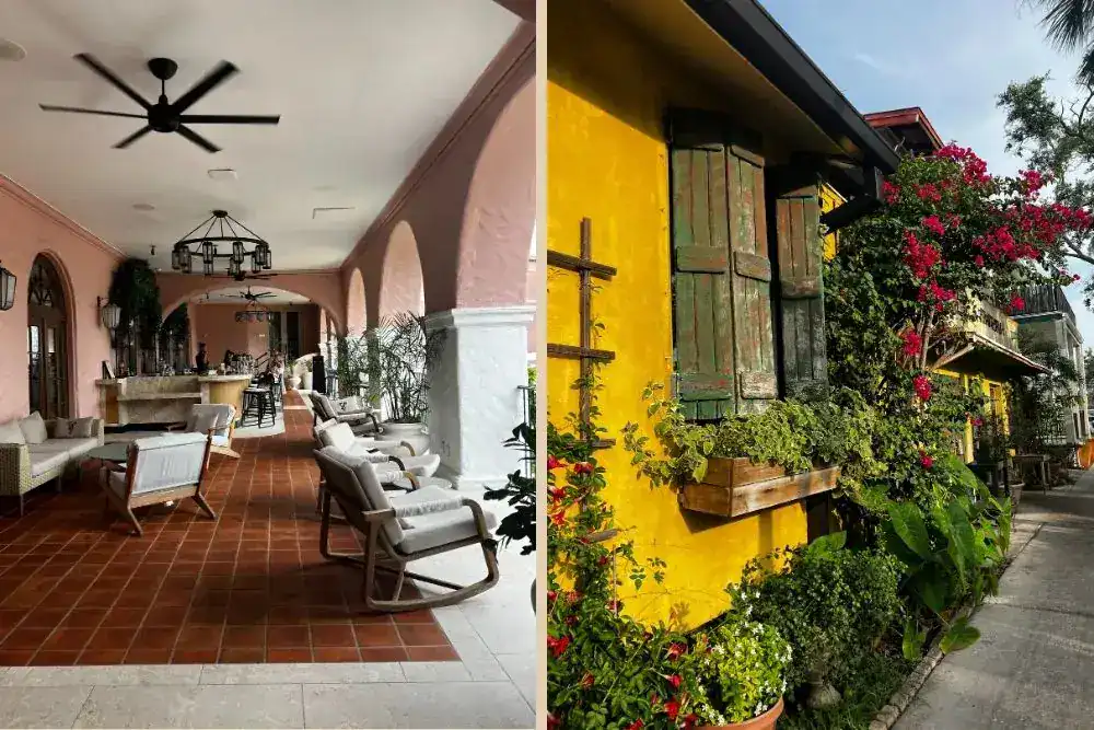 Split image: left side shows a covered patio with pink walls, white chairs, and a ceiling fan; right side shows a yellow building with green shutters and vibrant plants outside.