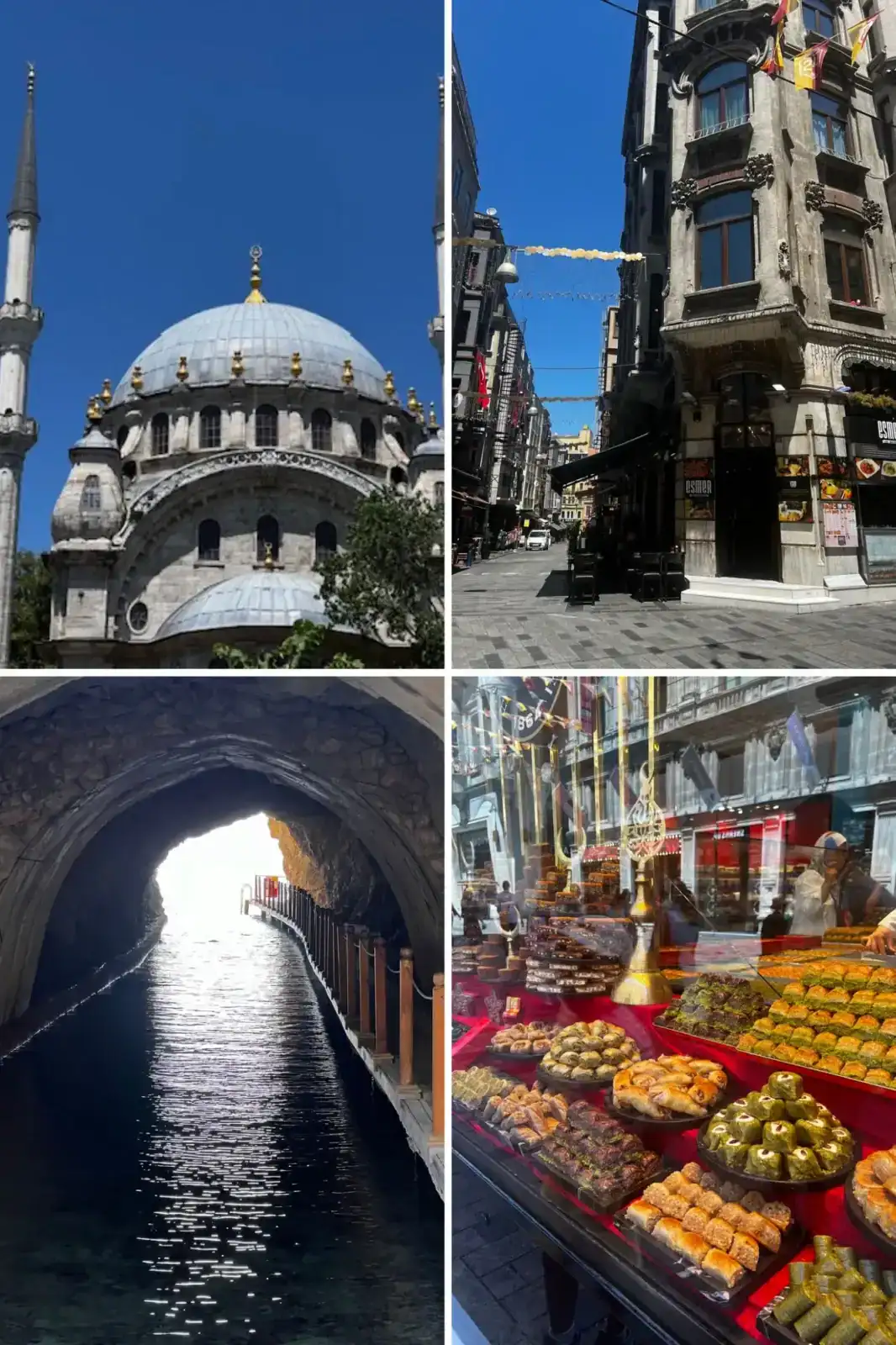 A collage of four images: a mosque with a dome and minaret, a city street with buildings, a water tunnel, and a shop window displaying assorted pastries.