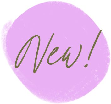 The word "New!" is written in script on a purple irregular circle background.