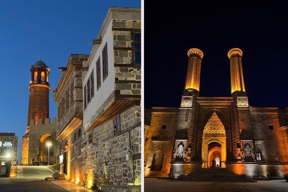 A split image shows an old stone building with a lit tower at dusk on the left, and a historic structure with two illuminated minarets at night on the right.