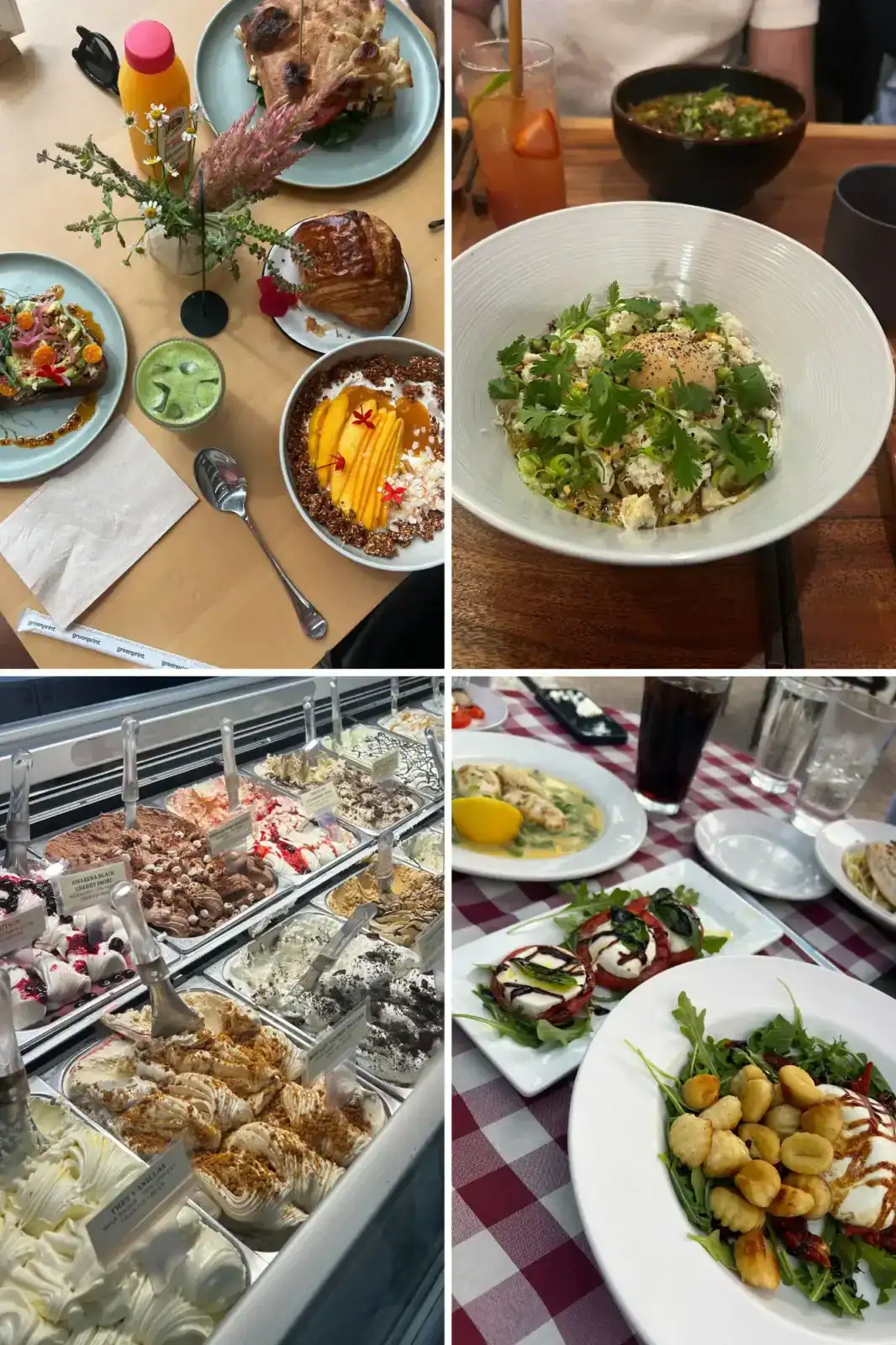 A collage of four images: assorted brunch dishes, a bowl of noodle soup, a display of gelato, and plates of salad and appetizers on a checkered tablecloth.