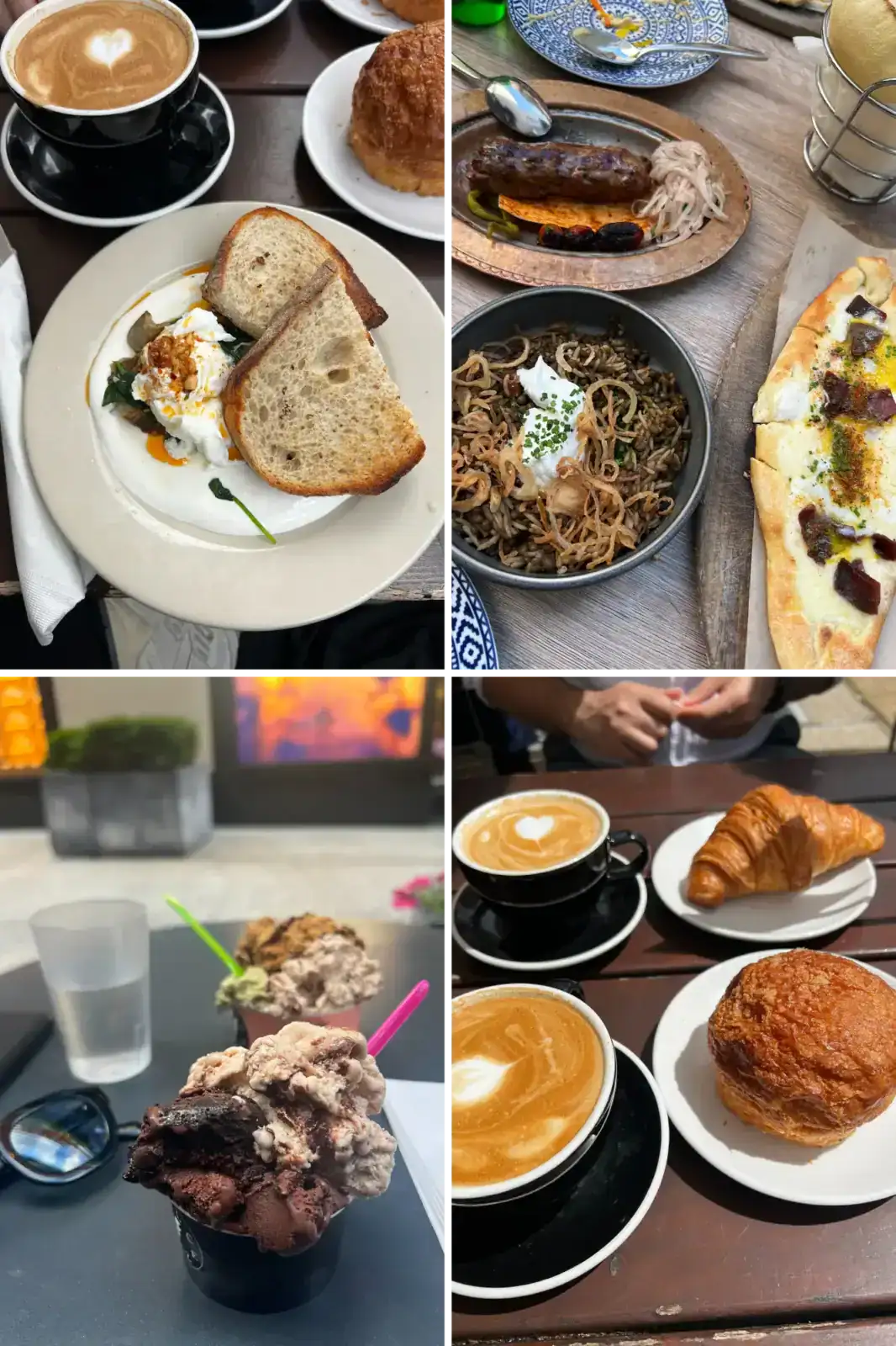 A collage of four food photos: coffee and toast with poached eggs, grilled meat with flatbread, two cups of gelato, and coffee with a croissant and pastry.