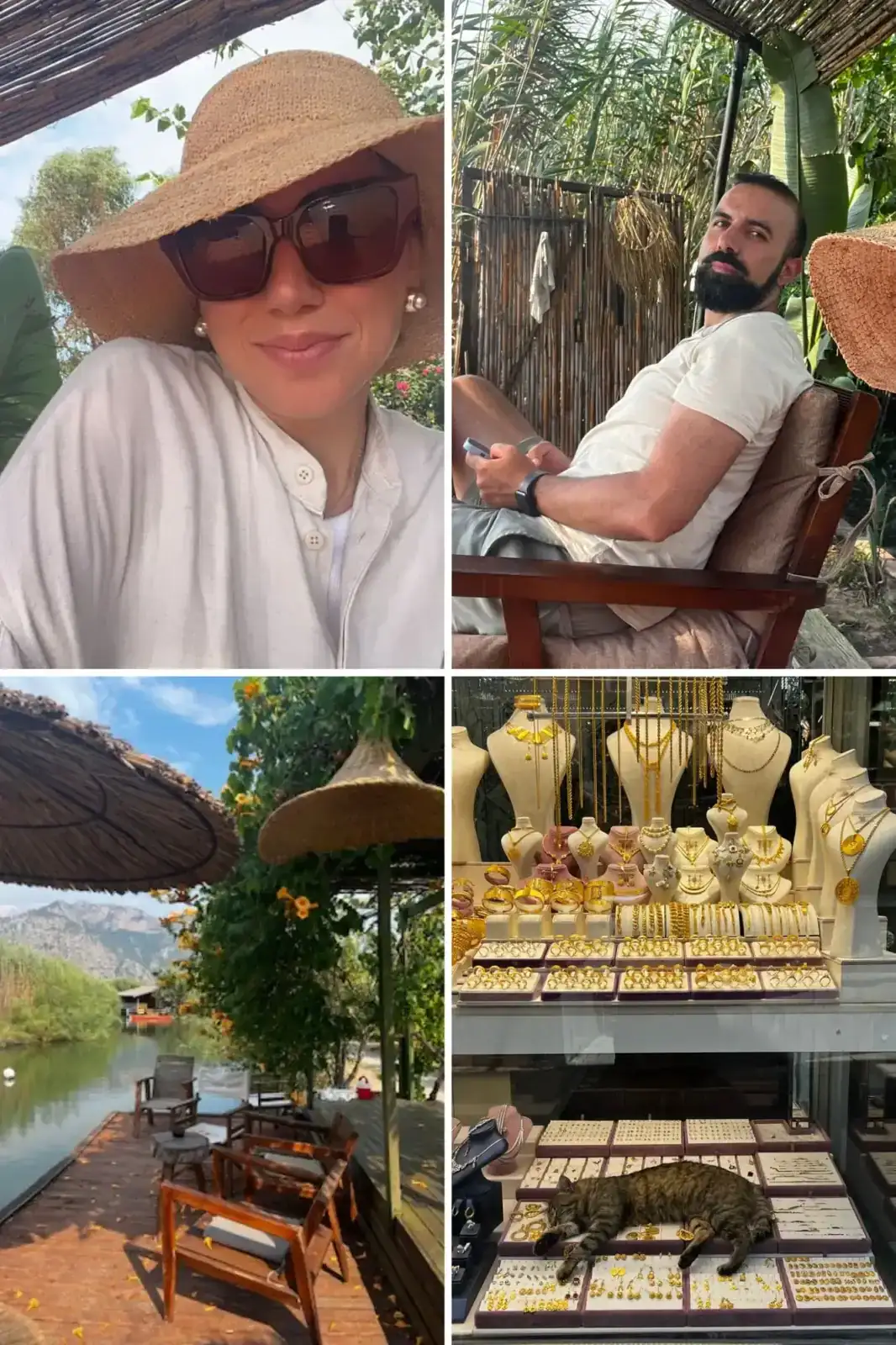 A woman in a sunhat, a man sitting outdoors, a riverside patio with chairs and flowers, and displays of gold jewelry including a cat lying among the jewelry.