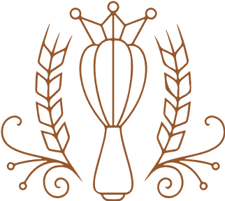 Line drawing of a whisk with a crown on top, flanked by two wheat stalks and decorative swirls.