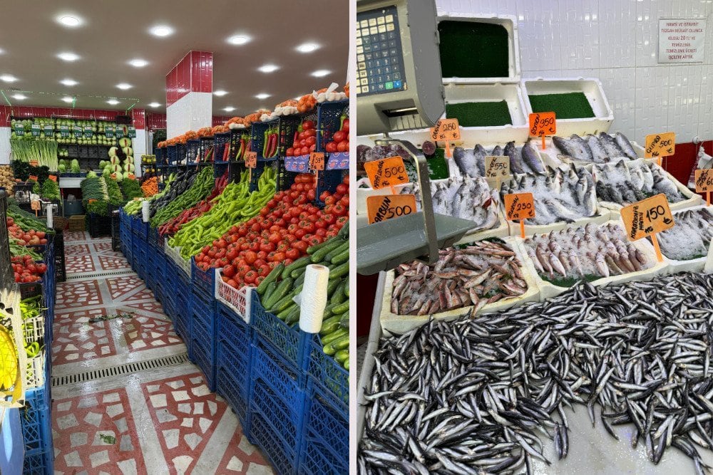 Side-by-side images of a produce market with fruits and vegetables in blue crates on the left, and a fish market display with various seafood and price tags on the right.