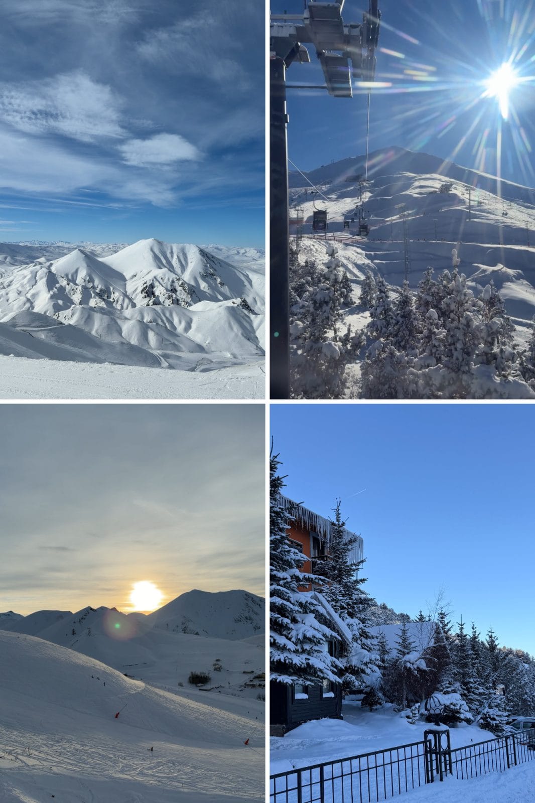 Four winter scenes: snow-covered mountains, a ski lift under bright sun, a sunset over snowy slopes, and a lodge with snow-laden trees and a clear blue sky.