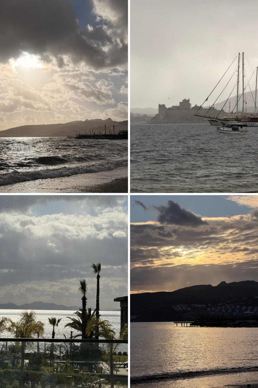 A collage of four coastal scenes showing cloudy skies, calm water, boats, distant hills, and palm trees at varying times of day.